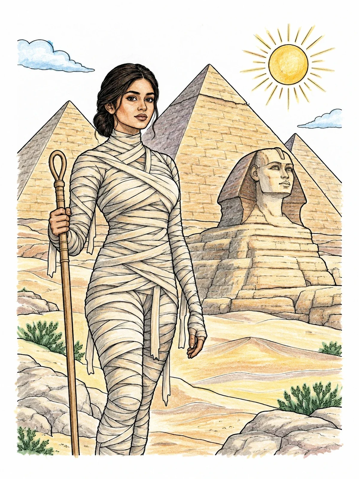 Colored example of the Mummy Woman At The Pyramids coloring page