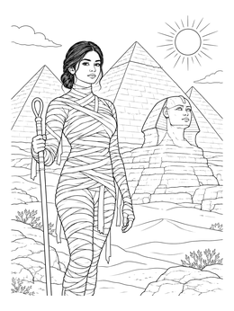 A woman wrapped in bandages in this mummy coloring page before the pyramids and Sphinx.