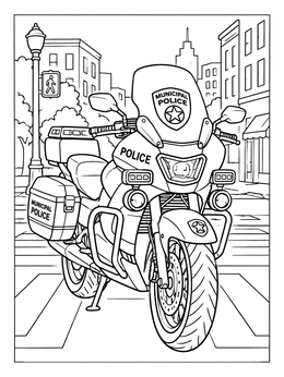 A detailed motorcycle coloring page showing a municipal police bike parked on a city crosswalk.
