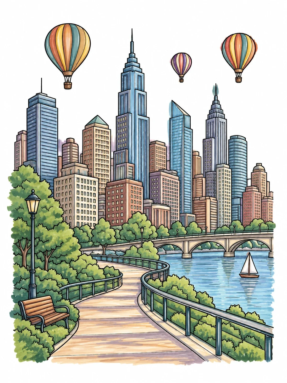 Colored example of the City Skyline And Riverfront Promenade coloring page