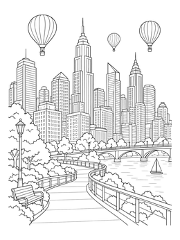 Detailed city skyline with hot air balloons on a riverside mural coloring page.