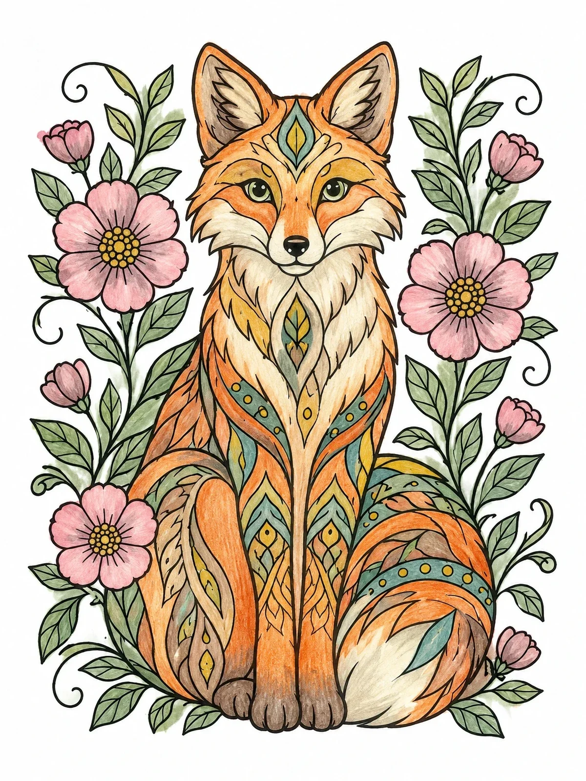 Colored example of the Ornamental Fox Surrounded By Flowers coloring page