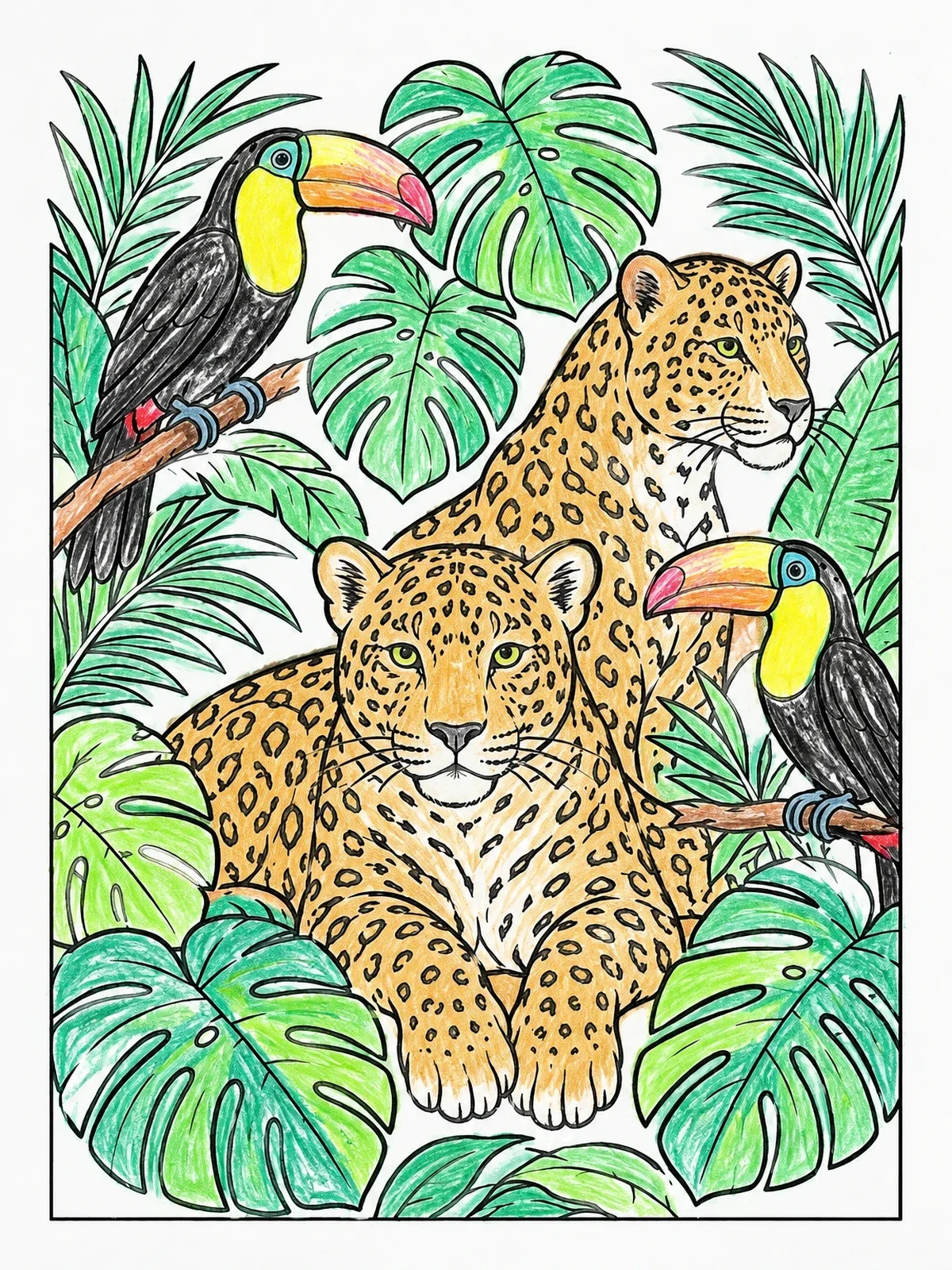 Colored example of the Tropical Jungle Jaguars And Toucans coloring page