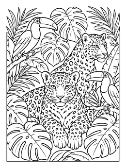 Free printable Tropical Jungle Jaguars And Toucans coloring page