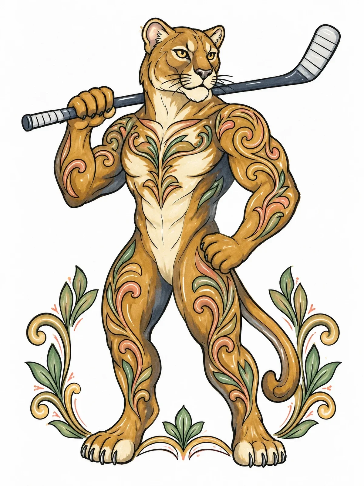Colored example of the Muscular Hockey Florida Panther Mascot coloring page