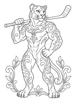 An athletic florida panther coloring page featuring a panther holding a hockey stick with decorative patterns.