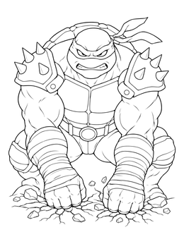 A powerful turtle warrior in a ninja coloring page crouching as he slams his fists into the ground.