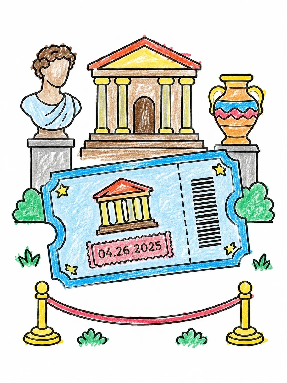 Colored example of the Museum Admission Ticket And Exhibits coloring page