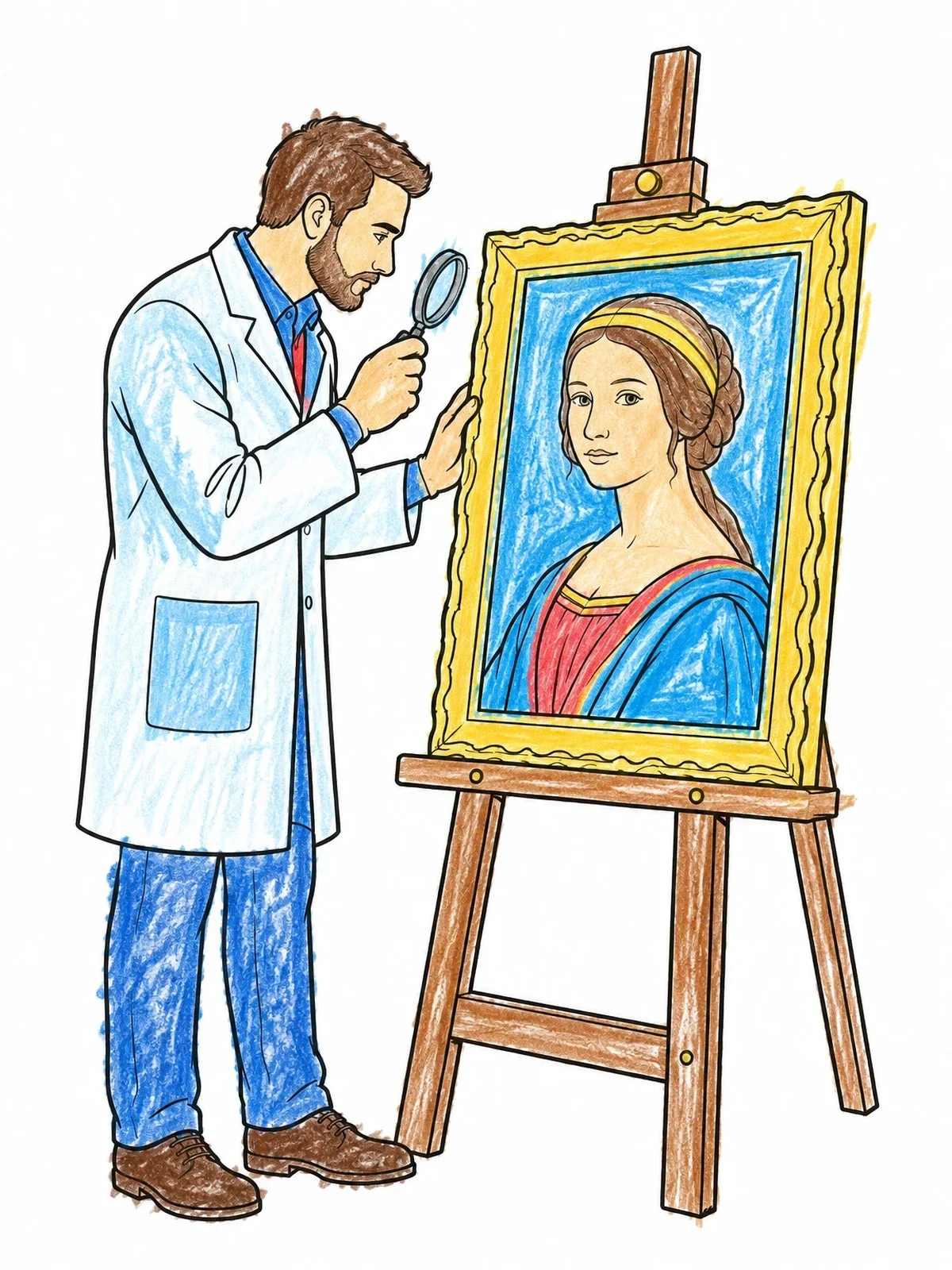 Colored example of the Art Conservator Examining Classic Portrait coloring page