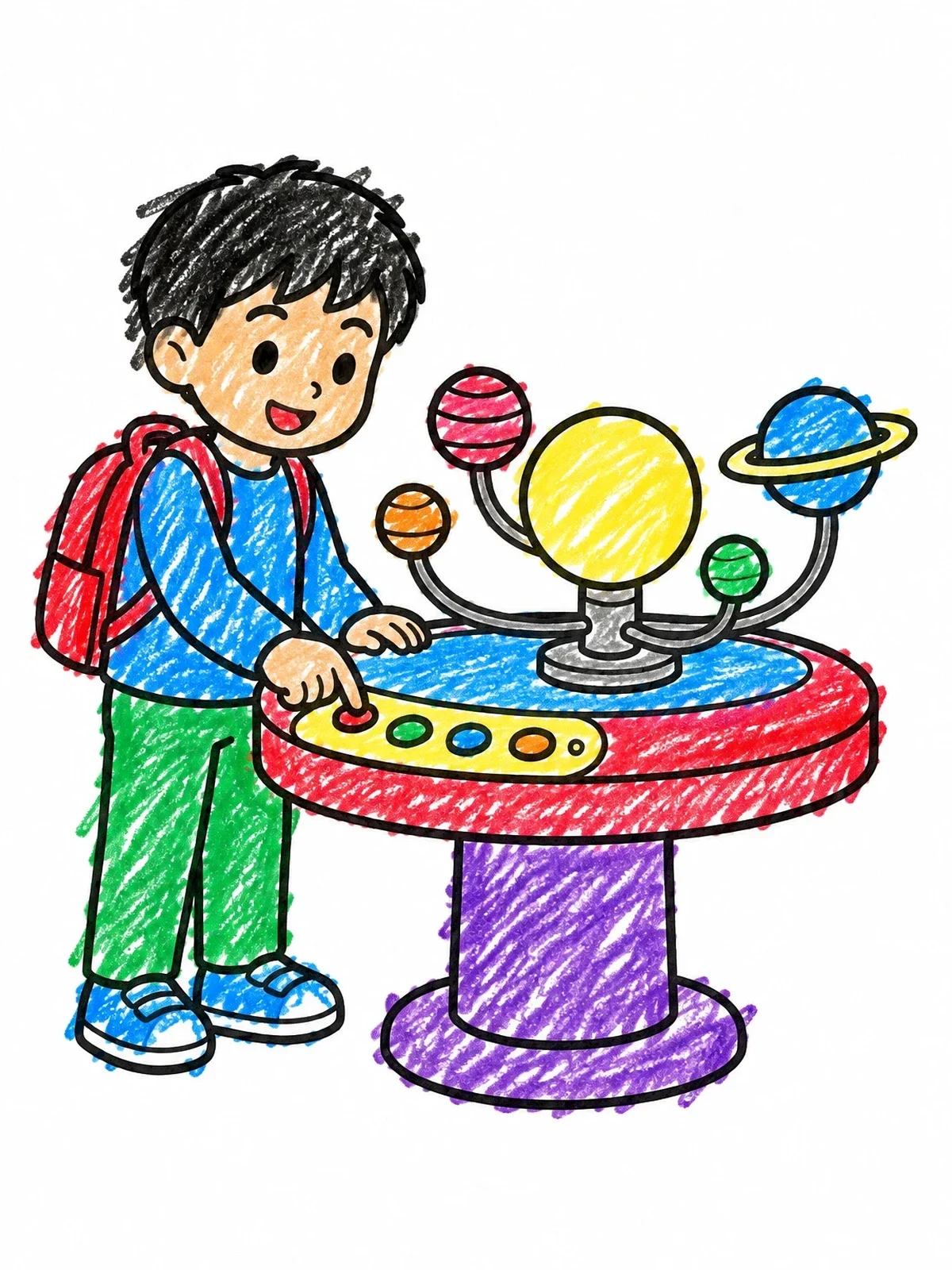 Colored example of the Boy Exploring Planetarium Display coloring page