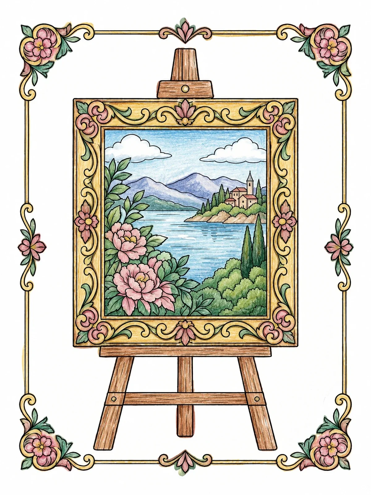 Colored example of the Ornate Landscape Painting On Easel coloring page