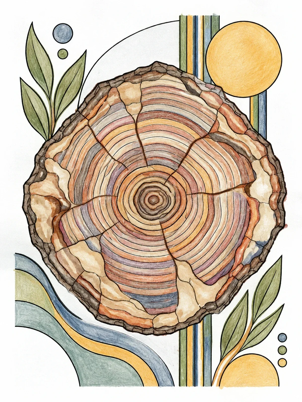 Colored example of the Petrified Wood Fossil Slice coloring page