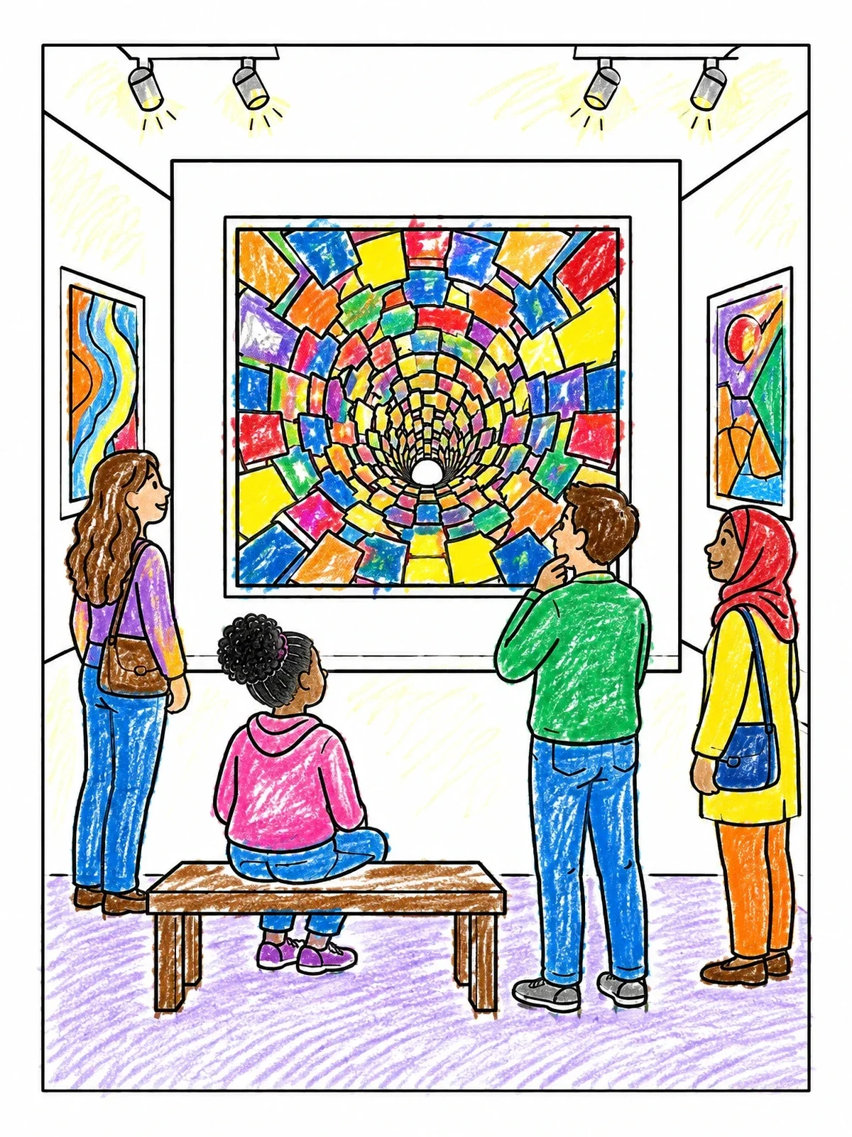 Colored example of the Museum Visitors Viewing Optical Illusion coloring page