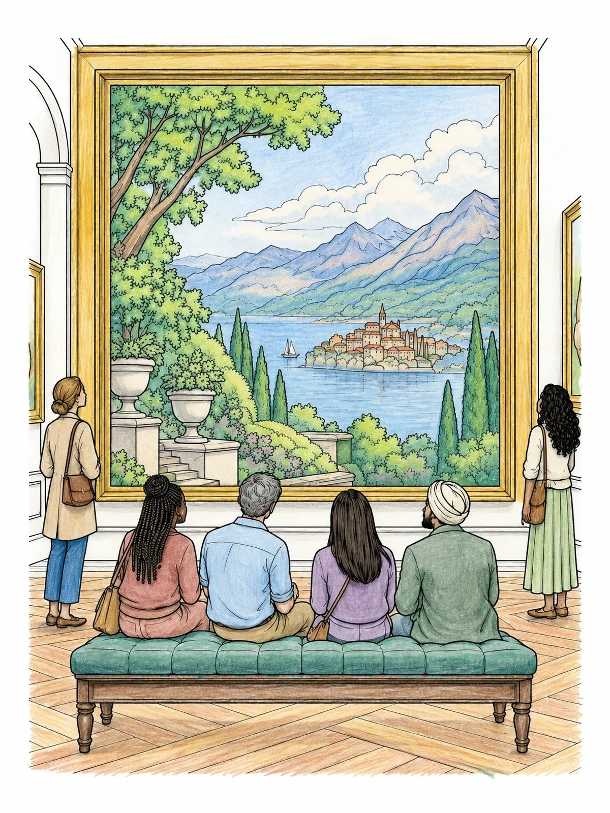 Colored example of the Museum Visitors Viewing A Landscape Painting coloring page