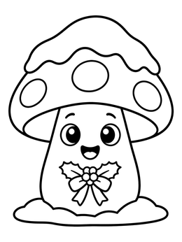 A happy mushroom coloring page featuring a snow cap and a festive holly bow.