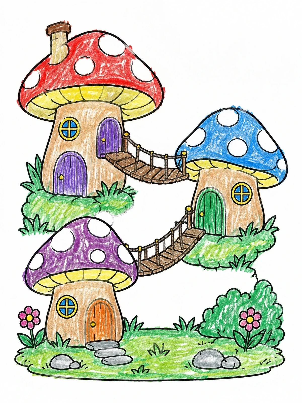 Colored example of the Mushroom Village With Rope Bridges coloring page