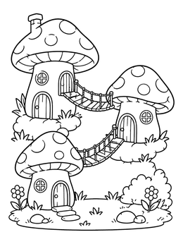 Free printable Mushroom Village With Rope Bridges coloring page