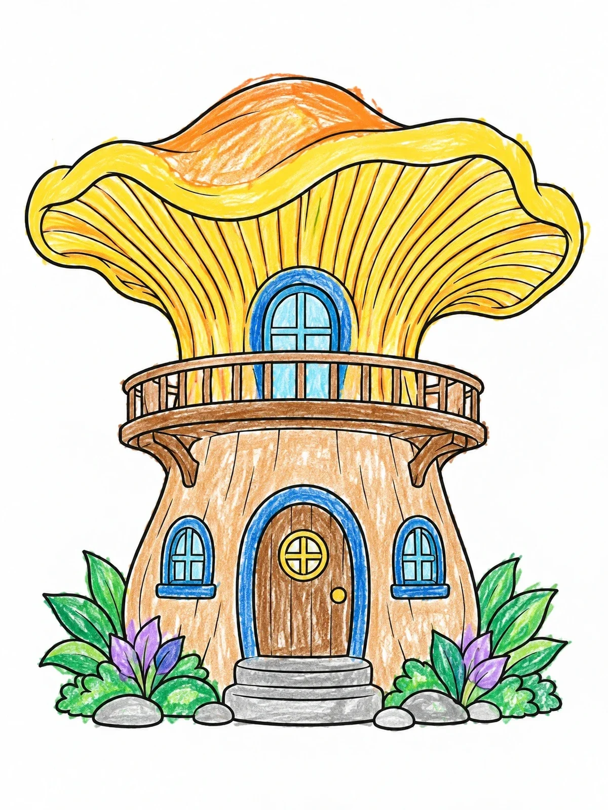 Colored example of the Mushroom Cottage With Balcony coloring page