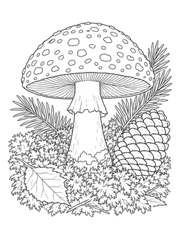 Detailed mushroom coloring page featuring a spotted toadstool surrounded by moss, a pinecone, and pine needles.