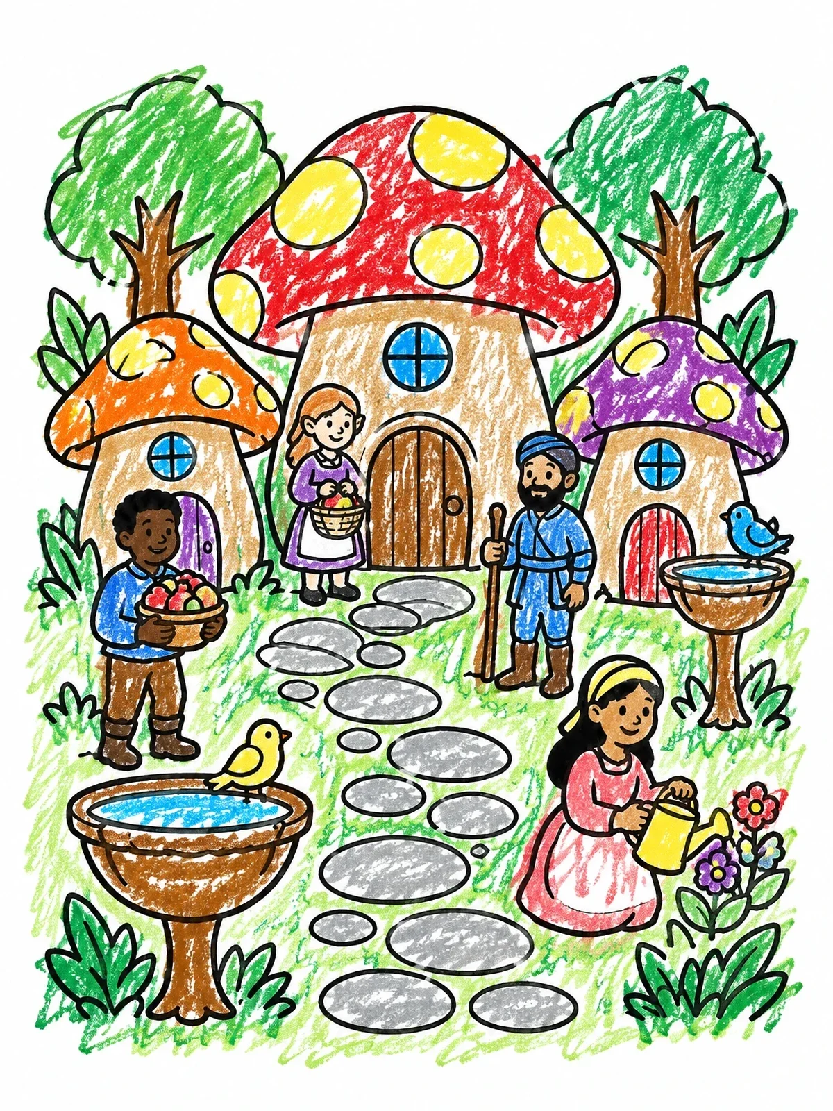 Colored example of the Mushroom Village In The Enchanted Forest coloring page