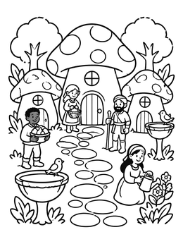 Free printable Mushroom Village In The Enchanted Forest coloring page