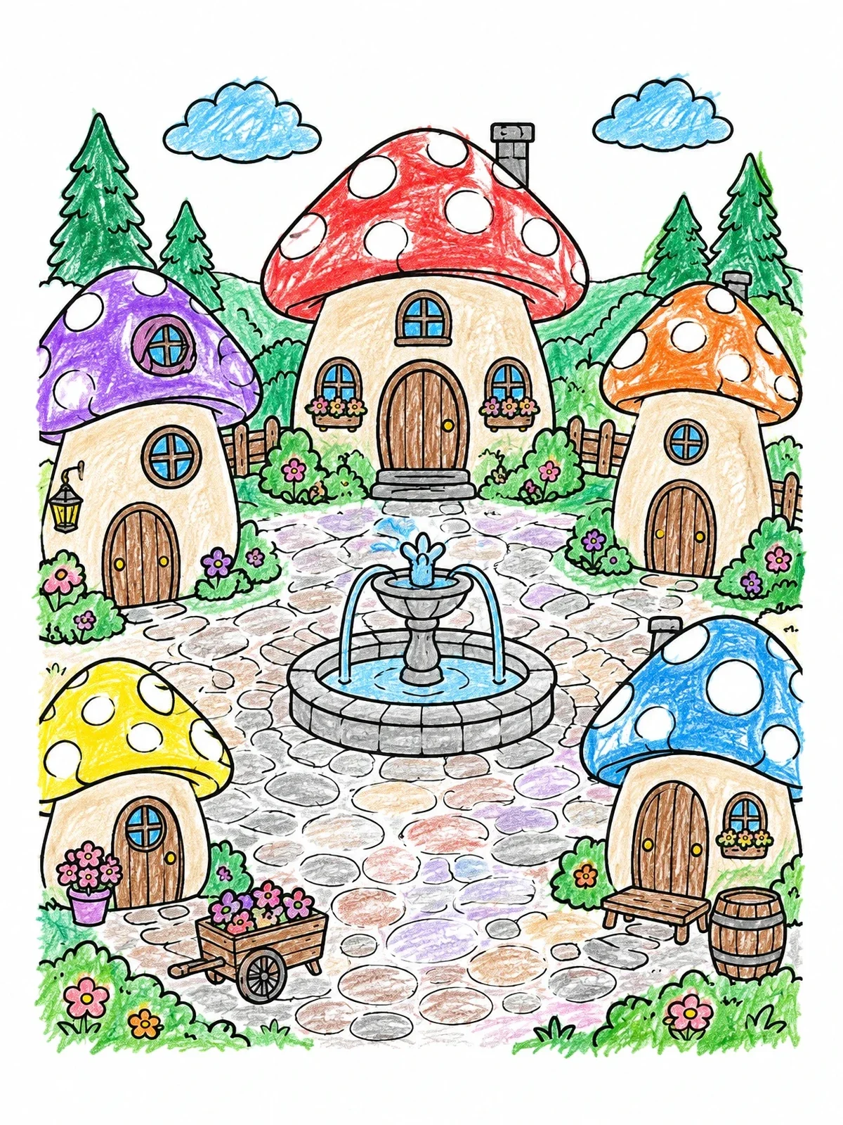 Colored example of the Fairy Tale Mushroom Village Square coloring page