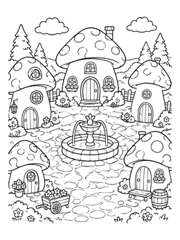 Free printable Fairy Tale Mushroom Village Square coloring page