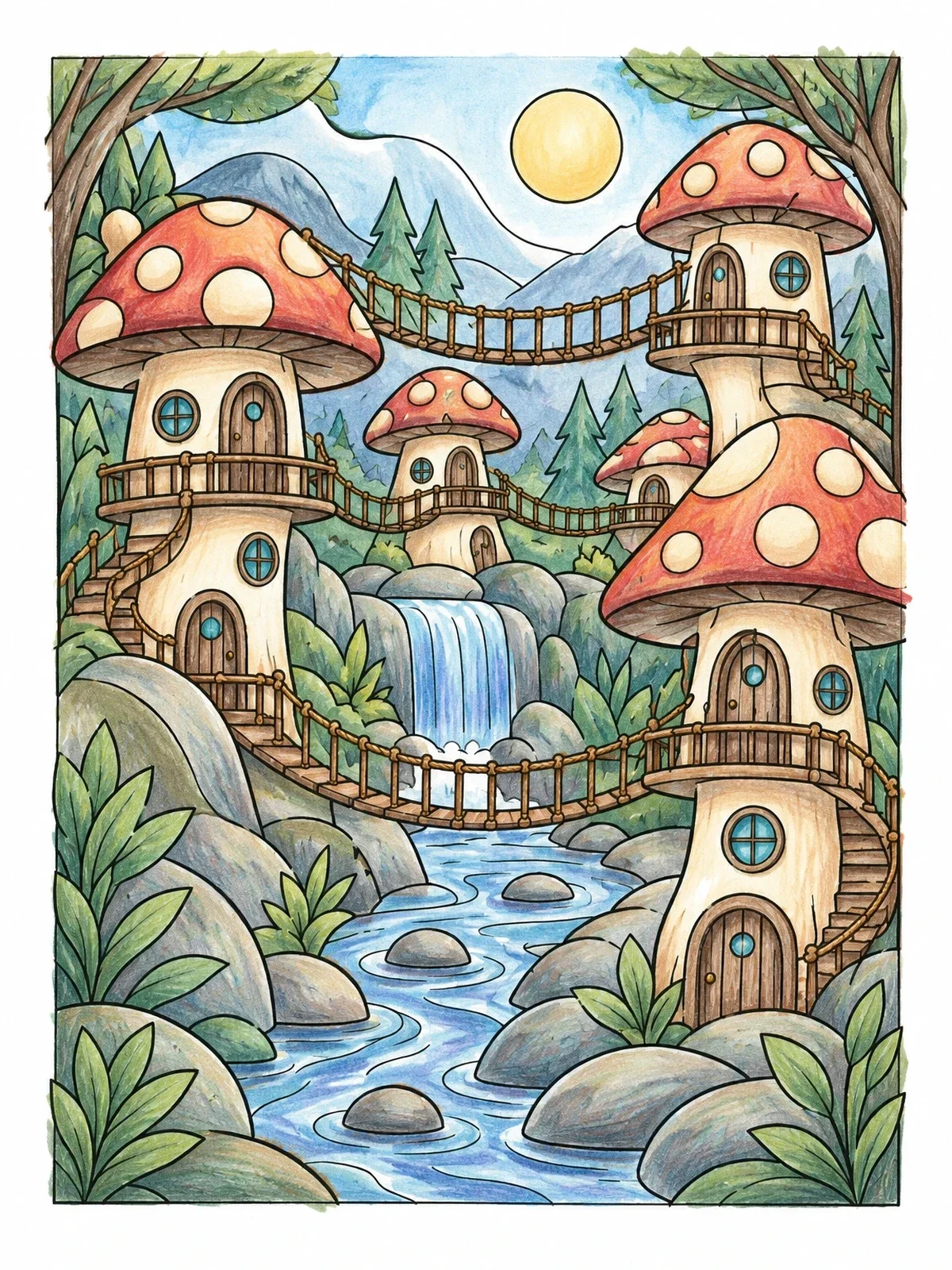 Colored example of the Mushroom Village With Rope Bridges coloring page
