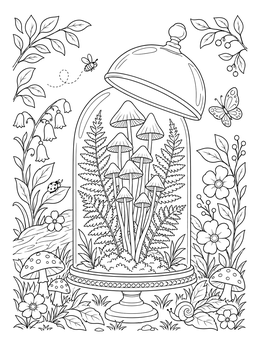 A detailed mushroom coloring page featuring tall fungi and ferns inside an open glass dome.