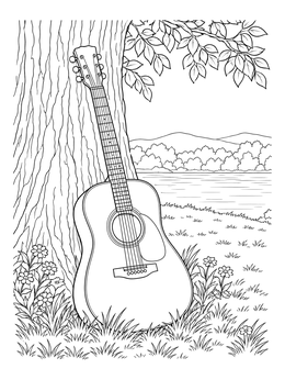 An acoustic guitar rests against a large tree in this peaceful music coloring page by a lake.