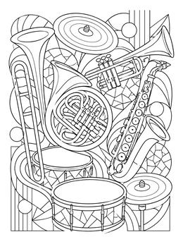 Detailed music coloring page featuring drums, cymbals, a french horn, trombone, and saxophone in a mosaic pattern.