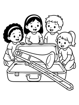 Smiling kids gather around an open instrument case with a brass horn in this music coloring page.
