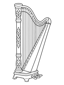 A classical concert harp stands elegantly on this music coloring page.