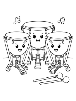 Three smiling timpani drums with mallets on this cute music coloring page.