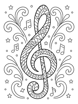 An ornate treble clef surrounded by swirls on this music coloring page.