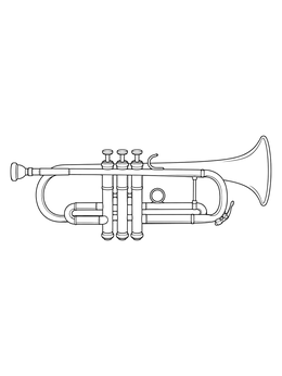 A detailed music coloring page featuring a classic brass trumpet with three piston valves.