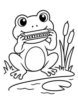 Free printable Cute Frog Playing Harmonica coloring page