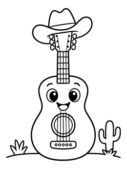A smiling acoustic guitar wearing a cowboy hat in this music coloring page.