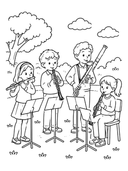 Kids playing flute, oboe, bassoon, and clarinet in a park on this music coloring page.