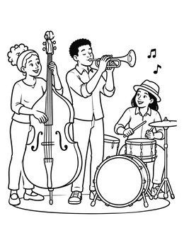A music coloring page featuring a jazz trio with double bass, trumpet, and drums.