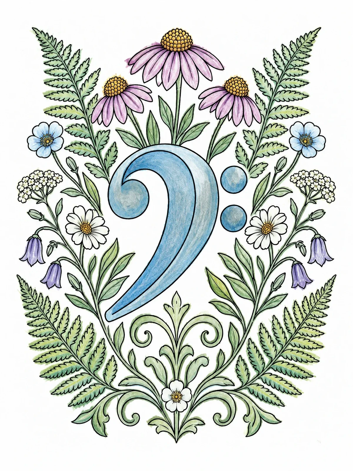 Colored example of the Botanical Bass Clef With Wildflowers coloring page