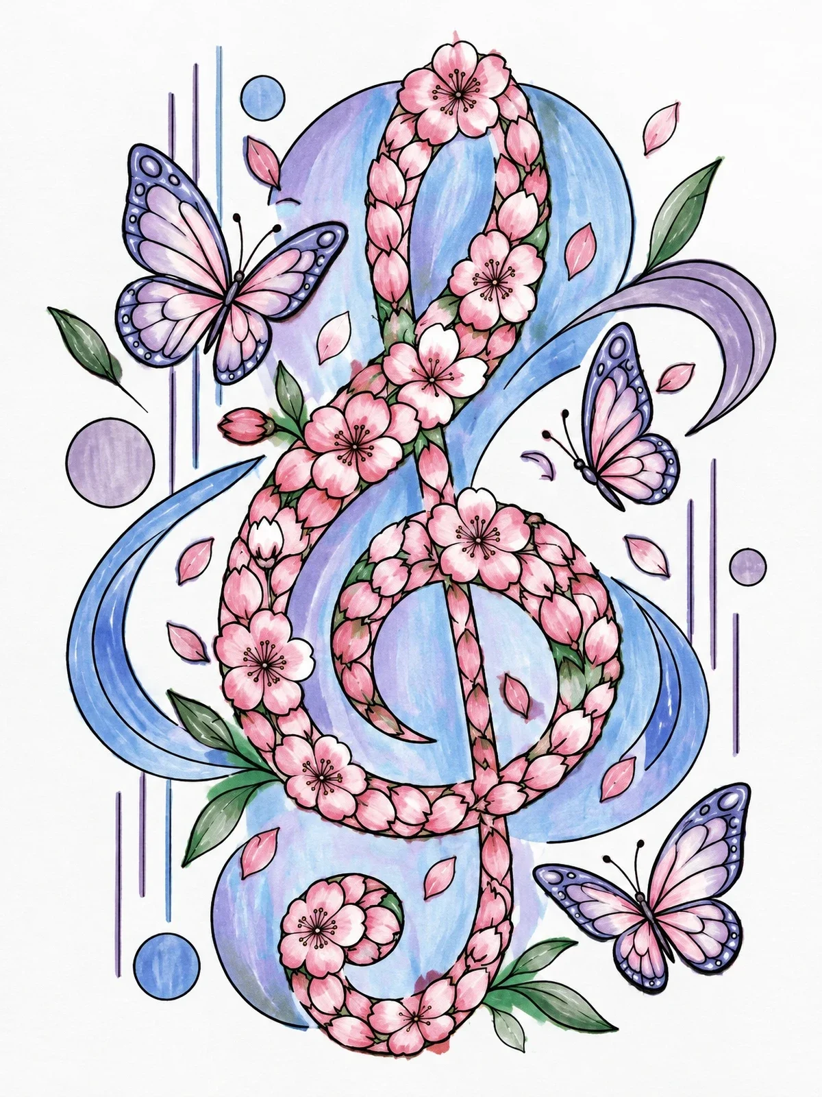 Colored example of the Floral Treble Clef With Butterflies coloring page