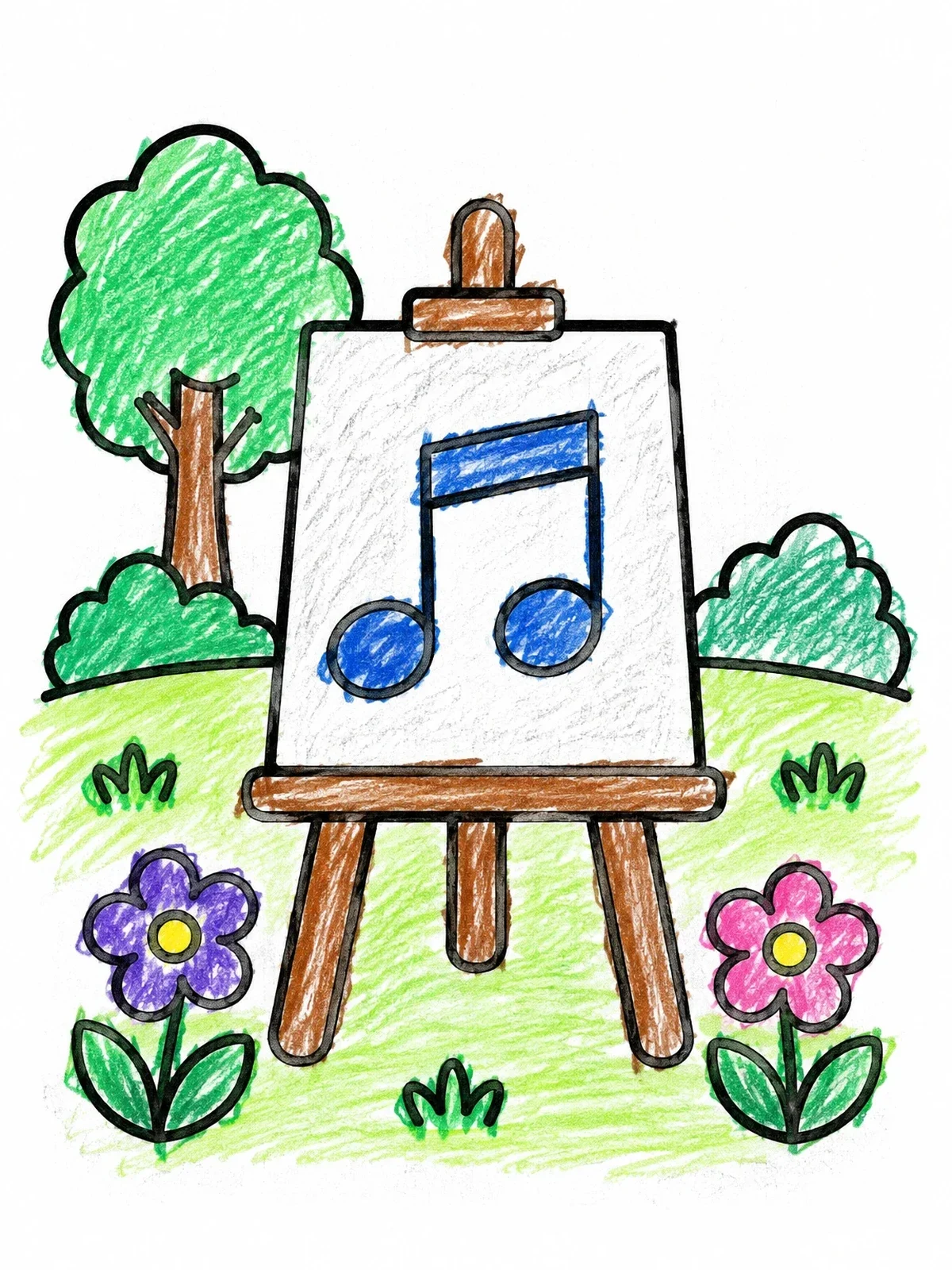 Colored example of the Music Note On Garden Easel coloring page