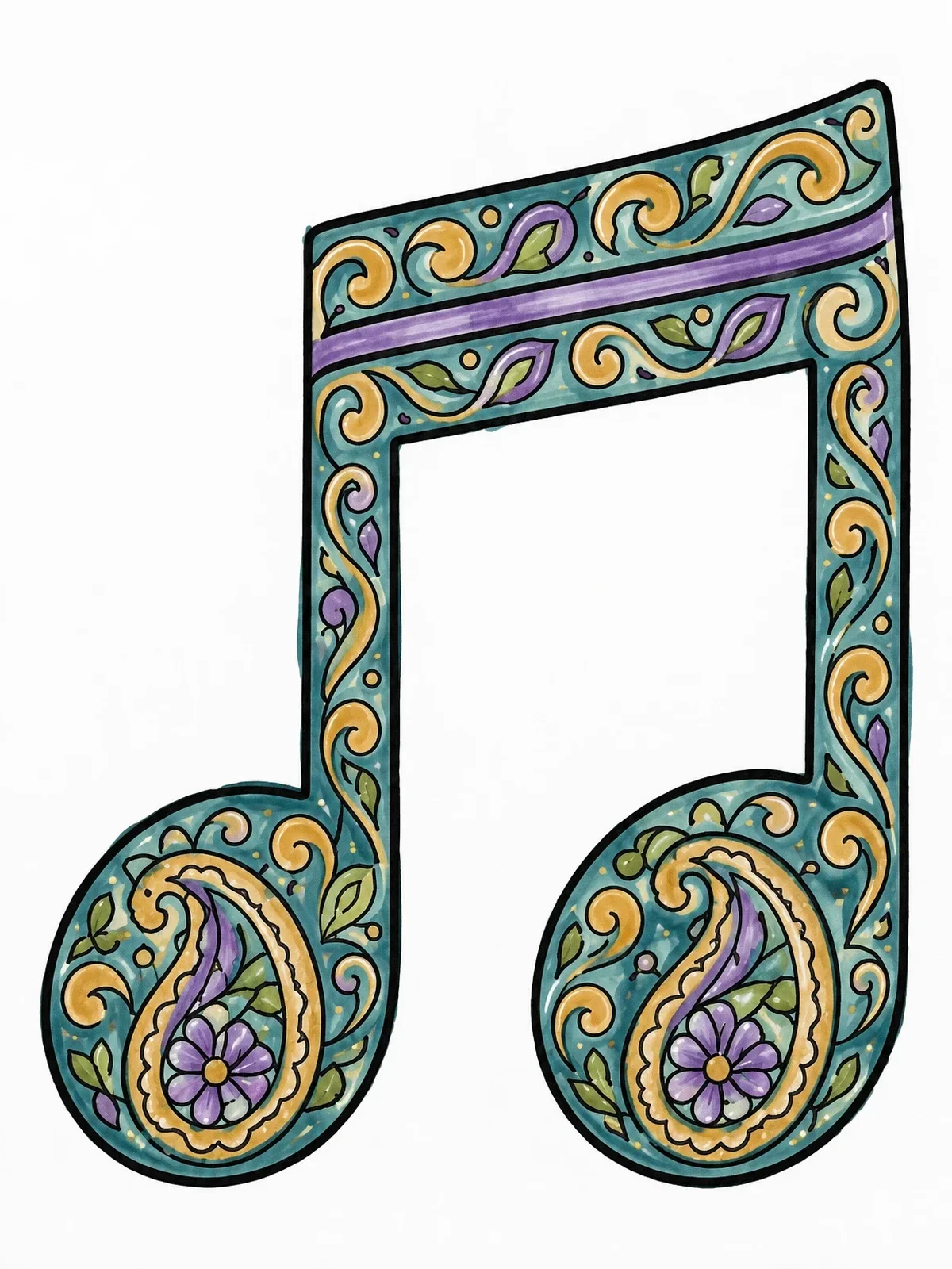 Colored example of the Paisley Beamed Eighth Notes coloring page