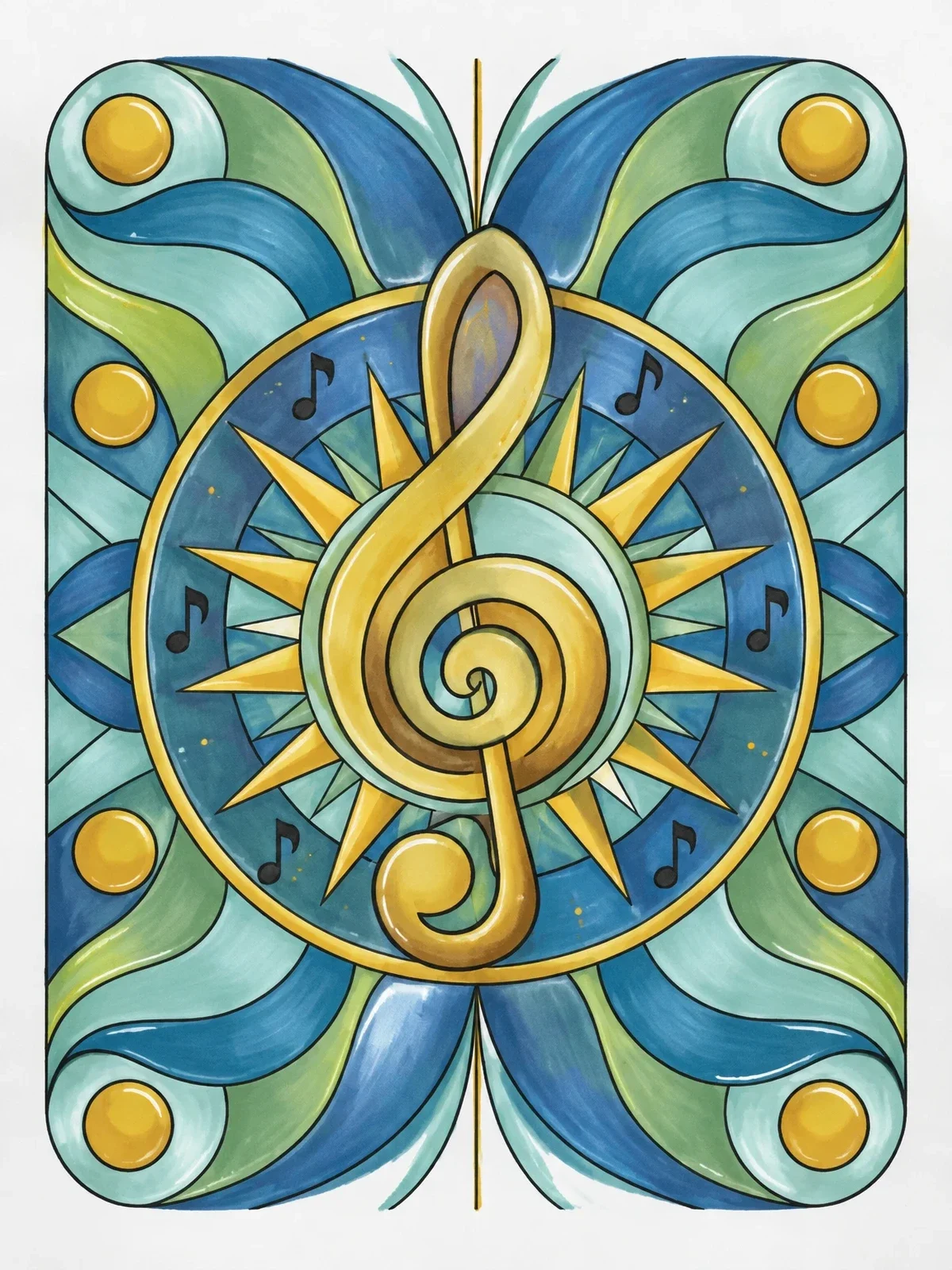 Colored example of the Sunburst Treble Clef Mandala coloring page