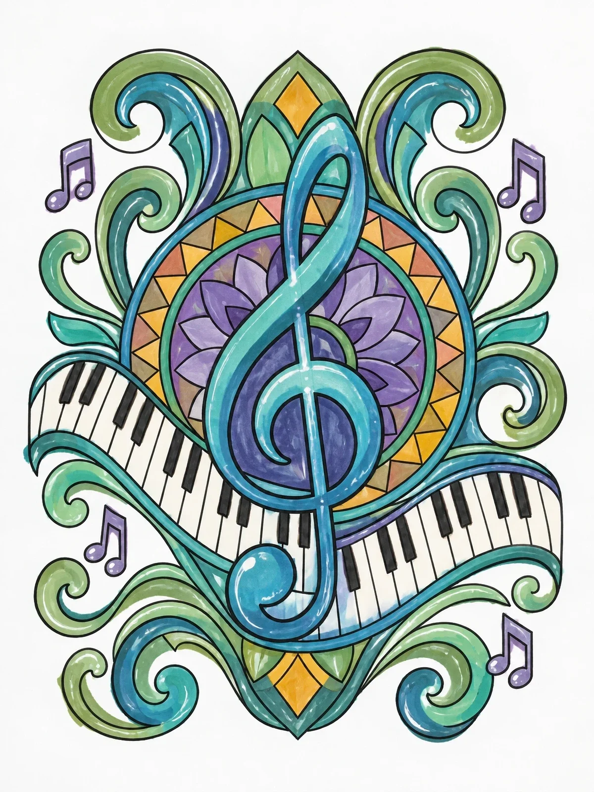Colored example of the Treble Clef With Mandala And Piano Keys coloring page