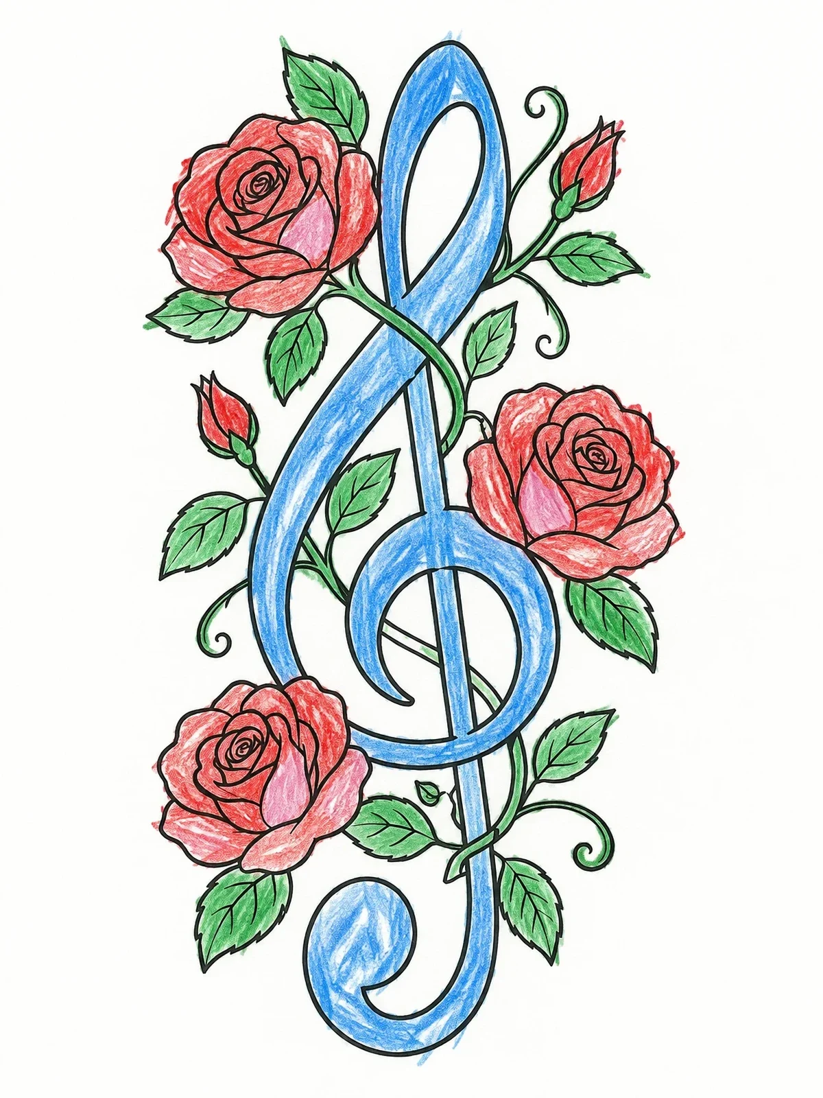 Colored example of the Treble Clef With Blooming Roses coloring page