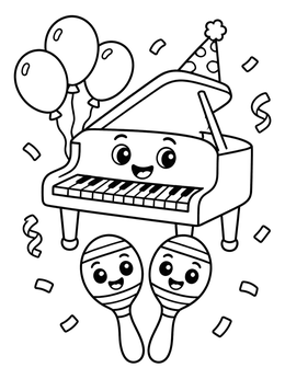 A happy piano and maracas celebrate with balloons in this music coloring page.
