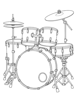 A detailed music coloring page of an acoustic drum set with cymbals and stands.