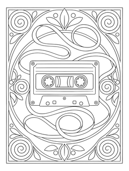 Vintage cassette tape with flowing ribbons on a detailed music coloring page.